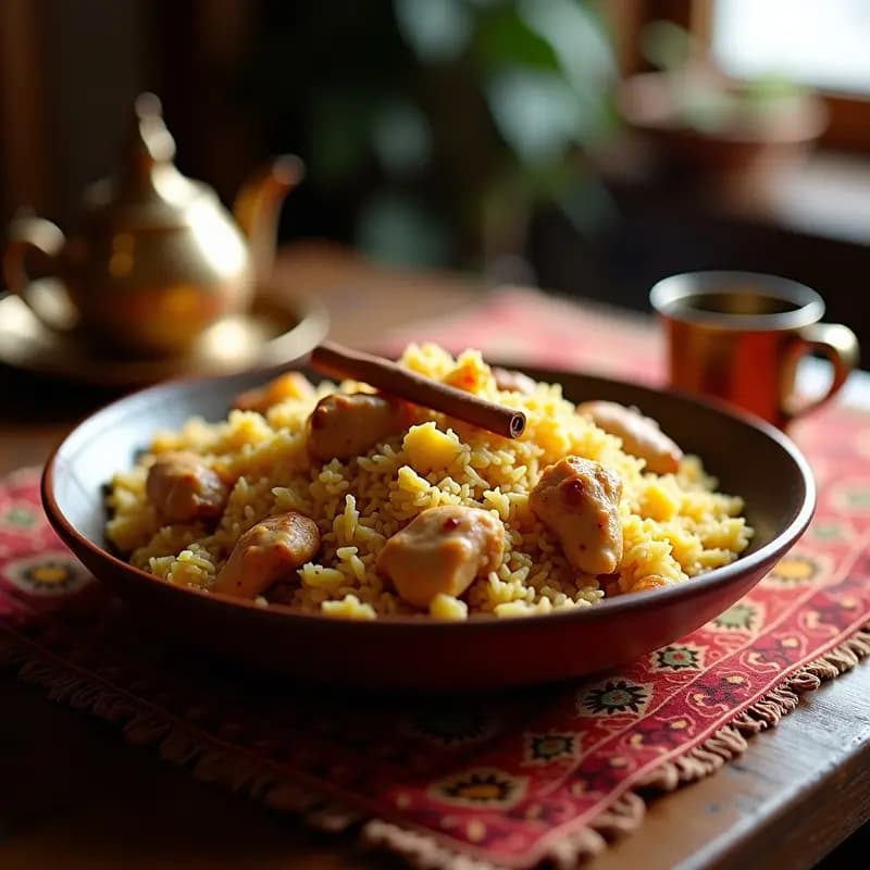Plato hondo de barro con shakriya iraquí: arroz basmati dorado mezclado con trozos de pollo jugoso, pasas doradas y almendras tostadas, decorado con canela en rama y limón confitado, sobre un mantel tradicional árabe.
