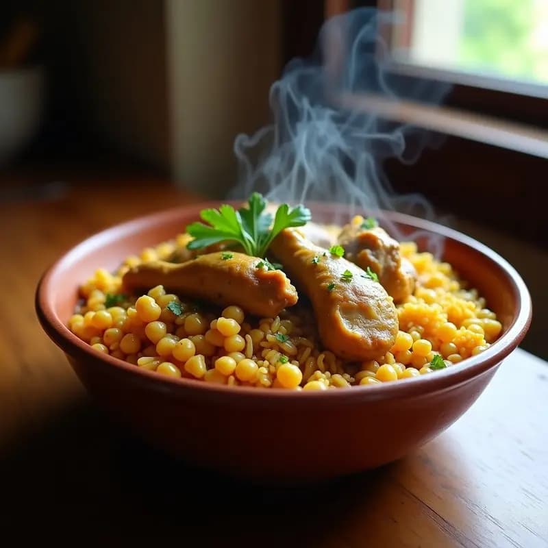 Plato hondo de barro con shakriyya yemení: arroz basmati esponjoso, muslos de pollo dorados, garbanzos cremosos y almendras tostadas, bañados en un caldo especiado con limón confitado y cilantro fresco. Receta tradicional de Yemen en olla lenta.