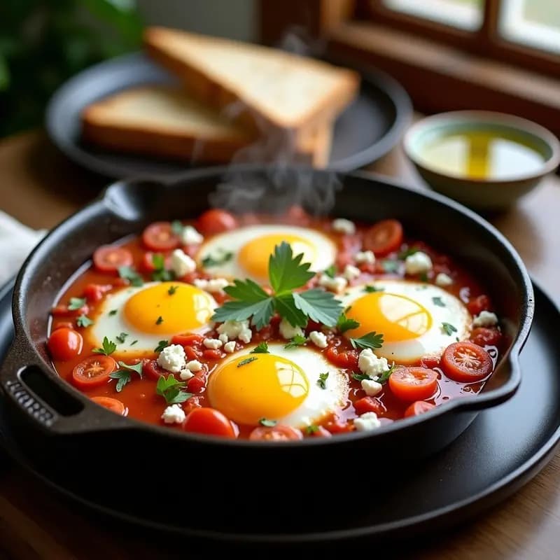 Sartén de hierro fundido con Shakshooka Egipcia: huevos poché en salsa de tomate fresco rallado, espolvoreados con queso feta desmenuzado y perejil. Plato humeante con tostadas integrales al lado, desayuno alto en proteínas.
