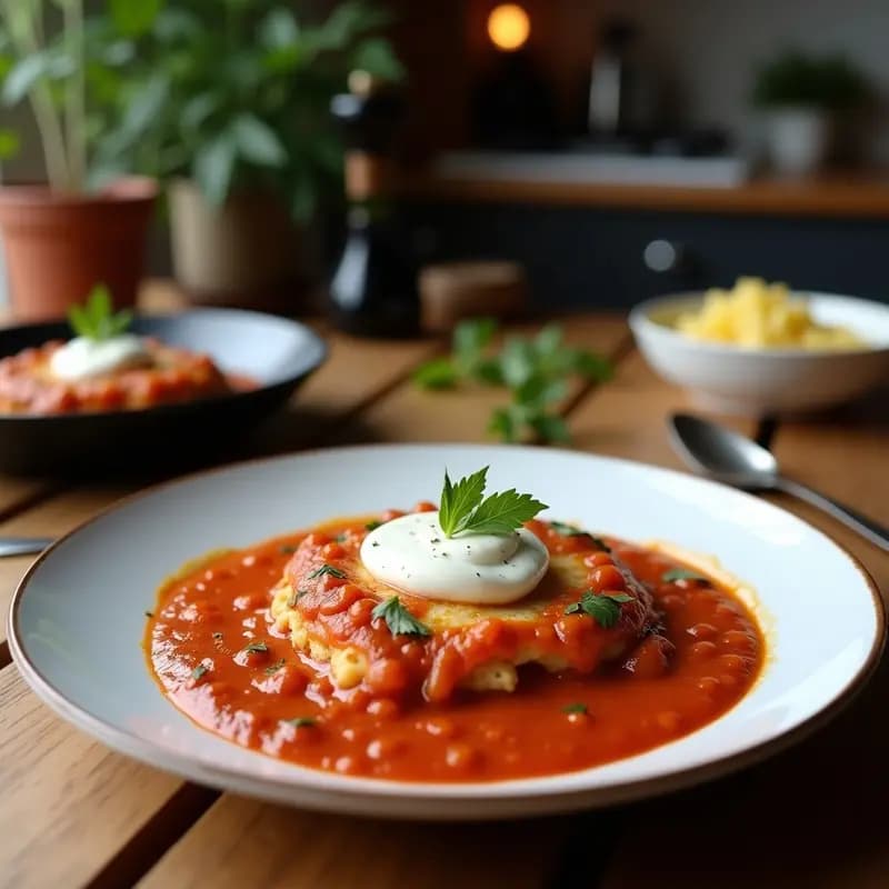 Sartén de hierro negro con shakshuka árabe de base naranja de puré de calabaza, espinacas verdes, huevos con yema líquida, queso feta desmenuzado y semillas de sésamo, decorada con hilos de tahini y rodajas de limón. Plato humeante con especias visibles.