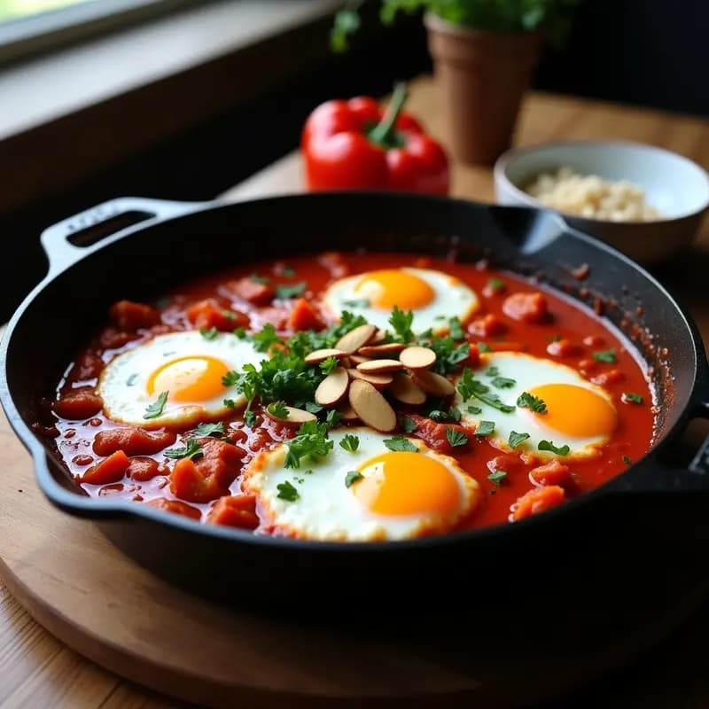Sartén de hierro con shakshuka tuninga: salsa espesa de tomate y especias con pimientos asados rojos, trozos de atún, huevos escalfados con yema líquida, almendras tostadas y perejil fresco espolvoreado. Plato tradicional norteafricano alto en proteína.