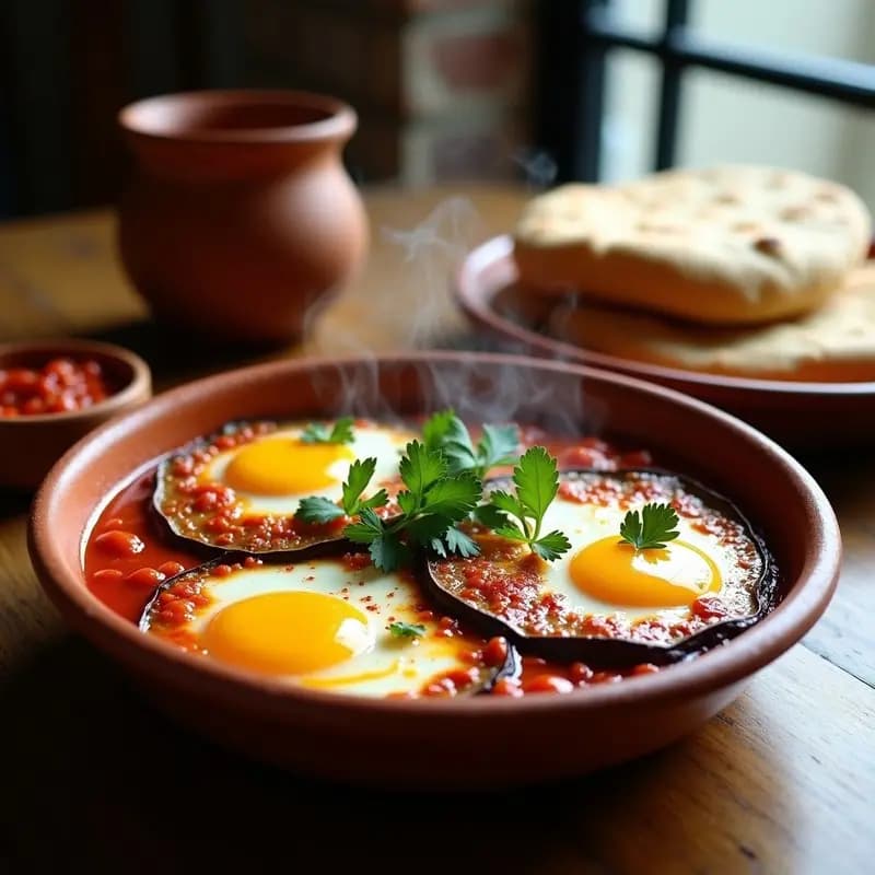 Plato hondo de barro con shakshuka vegana egipcia: salsa de tomate espesa con rodajas de berenjena ahumada, tofu desmenuzado imitando huevos pochados y queso feta vegano derretido. Decorado con perejil fresco y un hilo de aceite de oliva.