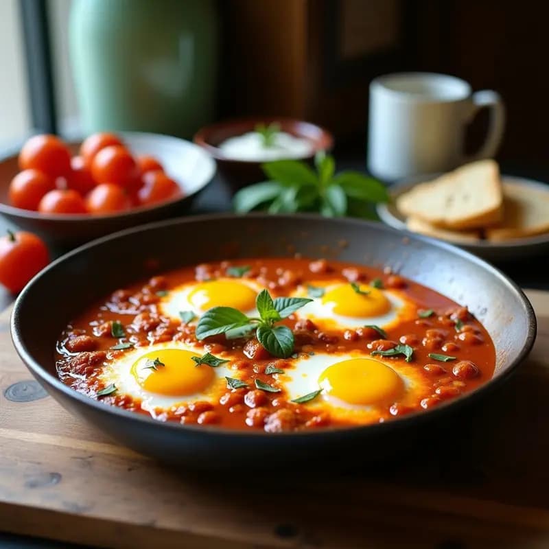 Sartén de hierro con shakshuka de berenjena y espinacas vegana, cubos de berenjena dorados, espinacas verdes, tofu y salsa de tomate especiada con ras el hanout, decorada con perejil fresco y semillas de sésamo tostadas.