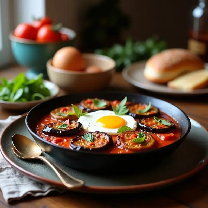 Olla de hierro fundido con shakshuka marroquí: huevos escalfados sobre salsa de tomate espesa con trozos de berenjena asada dorada, queso feta desmenuzado, albahaca fresca y un toque de harissa, servida con pan de pita tostado al lado.