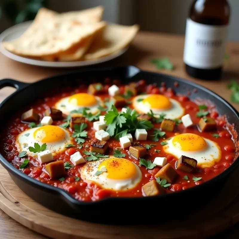 Sartén de hierro con shakshuka árabe: salsa de tomate espesa con berenjenas asadas doradas, huevos escalfados con yema líquida, queso feta desmenuzado y cilantro fresco. Plato colorido y apetitoso, ideal para desayuno alto en proteína y sin gluten.