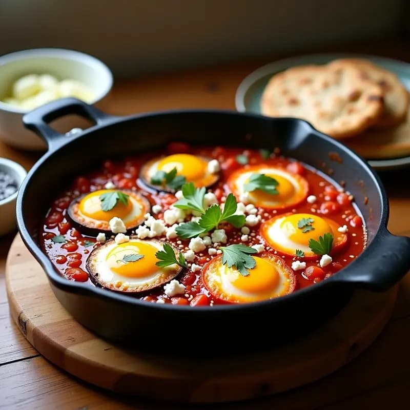 Olla lenta con shakshuka norteafricana: salsa espesa de tomate y berenjena asada, huevos con yema líquida y queso feta desmenuzado, decorada con cilantro y perejil fresco.