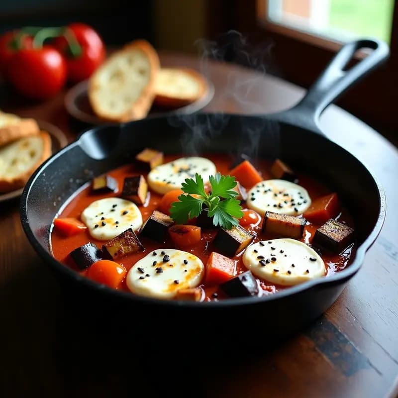 Sartén de hierro negra con shakshuka vegana de berenjena y feta de anacardos, bañada en salsa de tomate negro ahumado, decorada con perejil fresco y semillas de sésamo negro. Plato rústico y humeante sobre fondo de madera oscura.