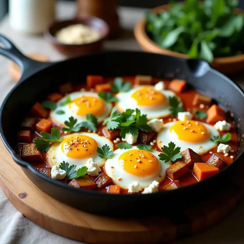 Sartén de hierro fundido con shakshuka de berenjena y feta, huevos pochados con yemas líquidas, queso feta desmenuzado y hierbas frescas (cilantro, menta y perejil) espolvoreadas, servida sobre una mesa rústica de madera.
