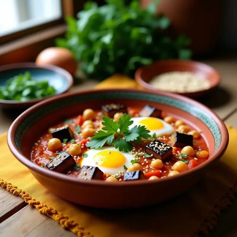Plato hondo de barro con Shakshuka Marroquí de berenjena asada y garbanzos en salsa de tomate especiada, decorada con tahini y cilantro fresco. Desayuno proteico y sin gluten.