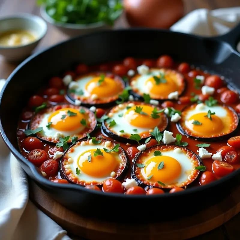 Sartén antiadherente negra con shakshuka libanés de berenjena morada asada y huevos de codorniz con yemas líquidas, bañados en salsa de tomate especiada con comino y pimentón ahumado, decorado con perejil fresco y queso akawi desmenuzado.