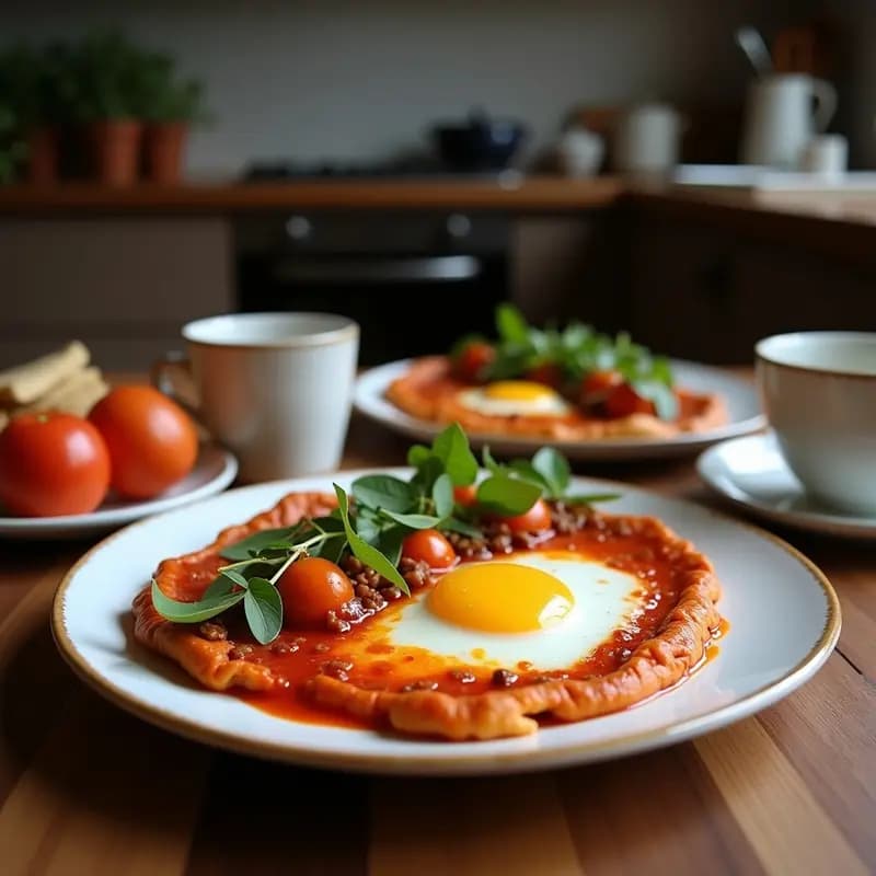 Sartén de hierro fundido con shakshuka vegano de berenjena y pimentón, tofu desmenuzado, espinacas y semillas de cáñamo, decorado con perejil fresco y un chorrito de zumo de limón. Plato colorido y humeante con tonos morados, rojos y verdes, típico desayuno norteafricano alto en proteína.