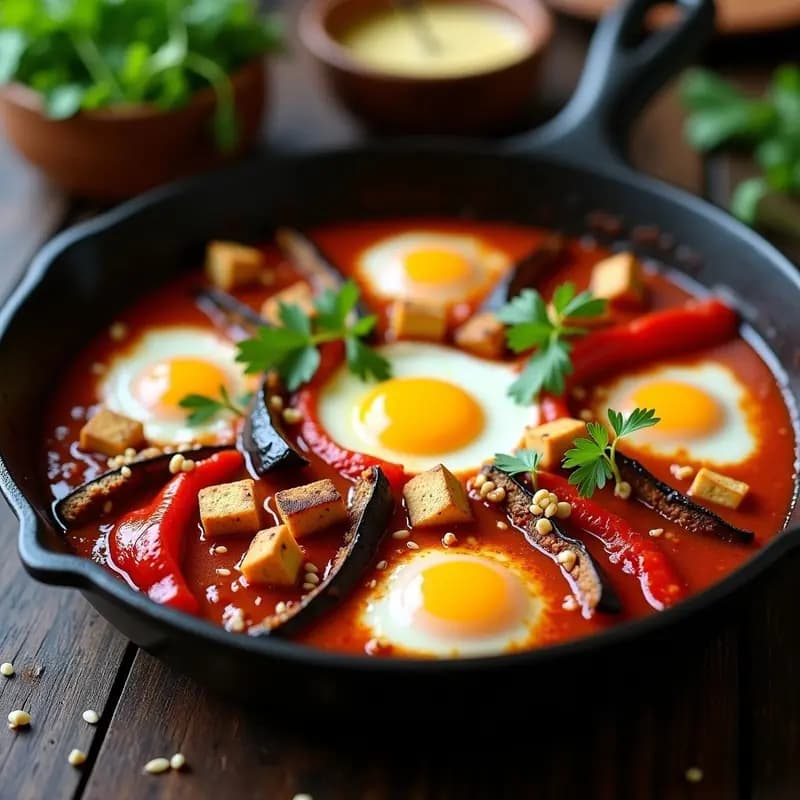 Sartén de hierro negro con shakshuka vegana de berenjena y pimiento asado, tofu dorado en cubos, salsa de tomate espesa con especias y perejil fresco picado por encima. Plato típico tunecino vegano servido en desayuno.
