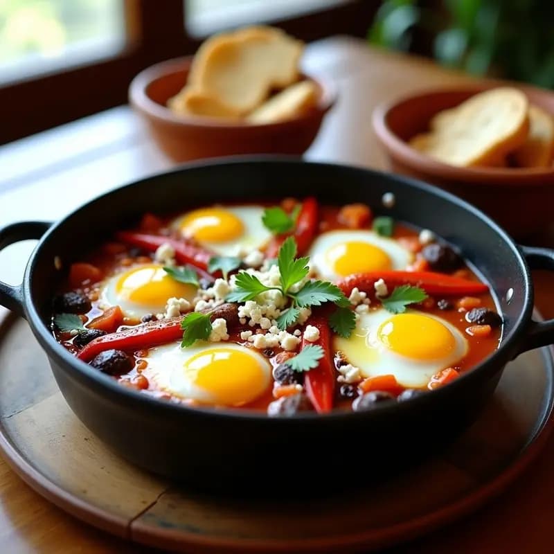 Olla lenta negra con shakshuka de berenjena y pimientos, huevos escalfados con yema líquida, queso feta desmenuzado y perejil fresco espolvoreado, servida en platos de barro con pita tostada al lado.