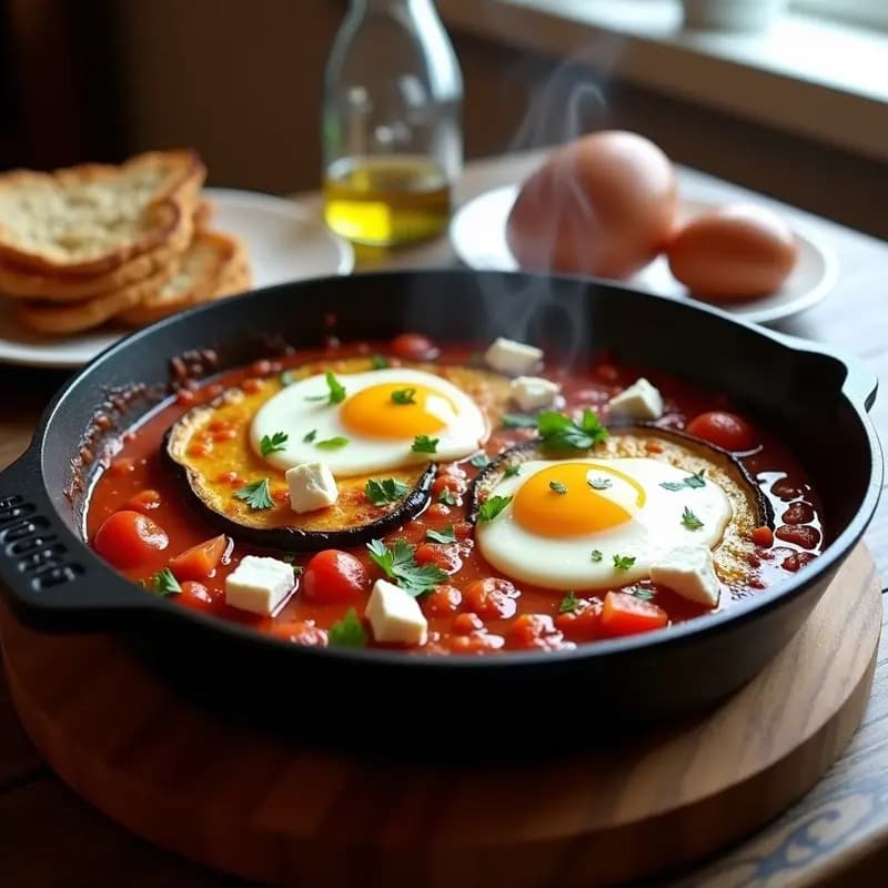 Sartén de hierro con shakshuka tunecina: salsa de tomate espesa con especias, rodajas de berenjena asada dorada, huevos pochados con yemas líquidas y queso de cabra desmenuzado. Decorado con perejil fresco y aceite de oliva, sobre fondo rústico de madera.