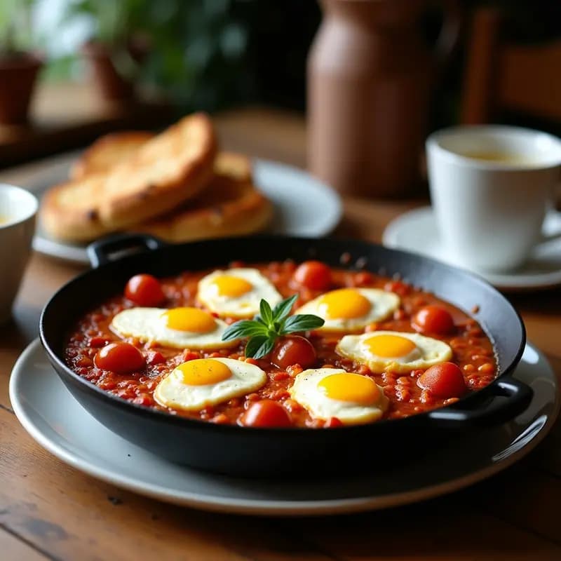 Sartén de hierro fundido con shakshuka keto sin tomate: base cremosa de berenjena asada y especias, huevos escalfados con yema líquida, queso de cabra desmenuzado y cilantro fresco espolvoreado.