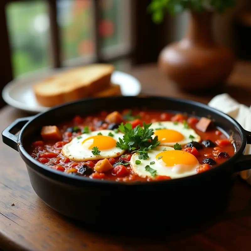 Olla lenta de cerámica negra con shakshuka tunecina: salsa espesa de tomate y pimientos ahumados, cubos de berenjena asada, trozos de queso de cabra semiduro y huevos escalfados con yema líquida. Decorada con perejil fresco y servida con pan tostado al lado.
