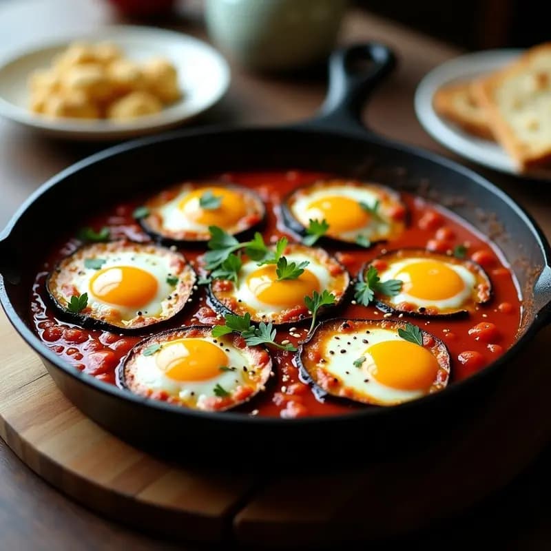 Sartén de hierro fundido con shakshuka marroquí: salsa de tomate especiada con rodajas de berenjena asada dorada, huevos de codorniz cuajados y semillas de sésamo. Acompañada de perejil fresco y pan de pita tostado.