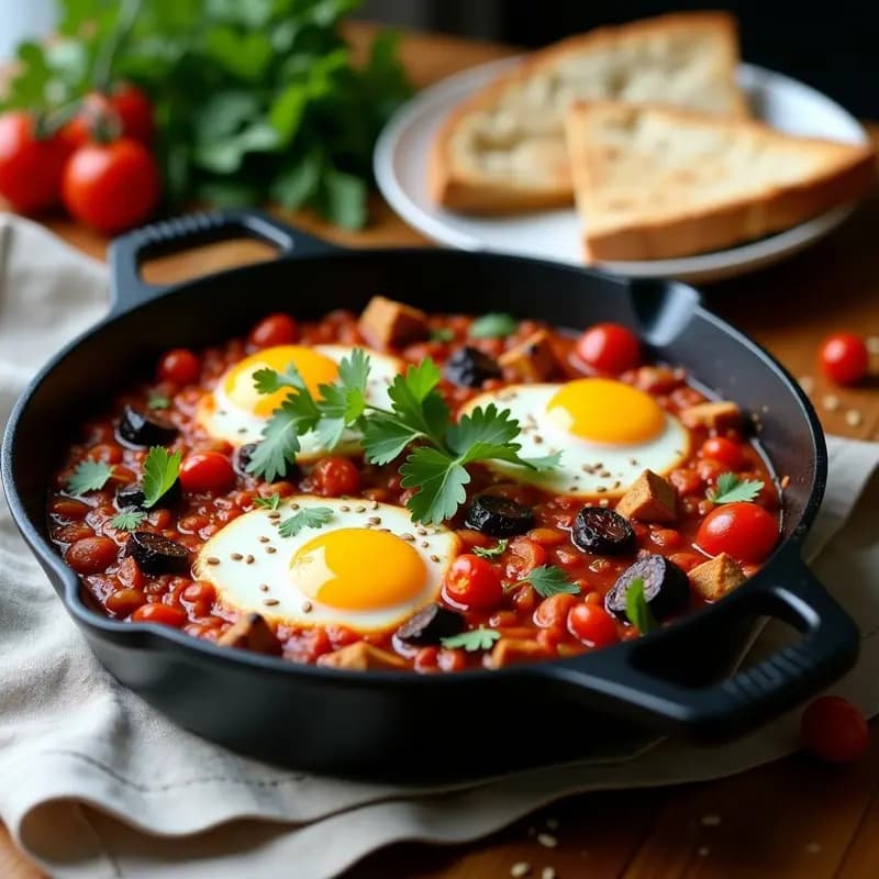 Sartén de hierro fundido con shakshuka vegana de berenjena asada, tomate seco y tofu desmenuzado, decorada con cilantro fresco y semillas de sésamo, acompañada de pan de pita integral tostado.