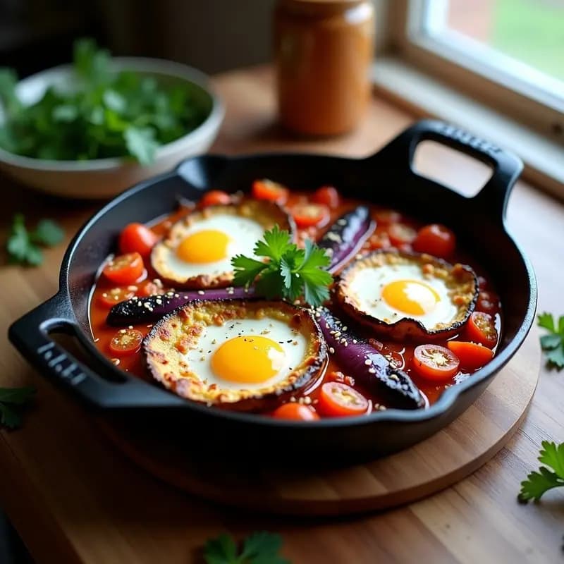 Sartén de hierro fundido con shakshuka vegana de berenjena asada, tofu desmenuzado en salsa de tomate especiada, tahini y semillas de sésamo, decorada con perejil fresco. Plato colorido y apetitoso con tonos morados, rojos y dorados, típico desayuno egipcio vegano alto en proteína.
