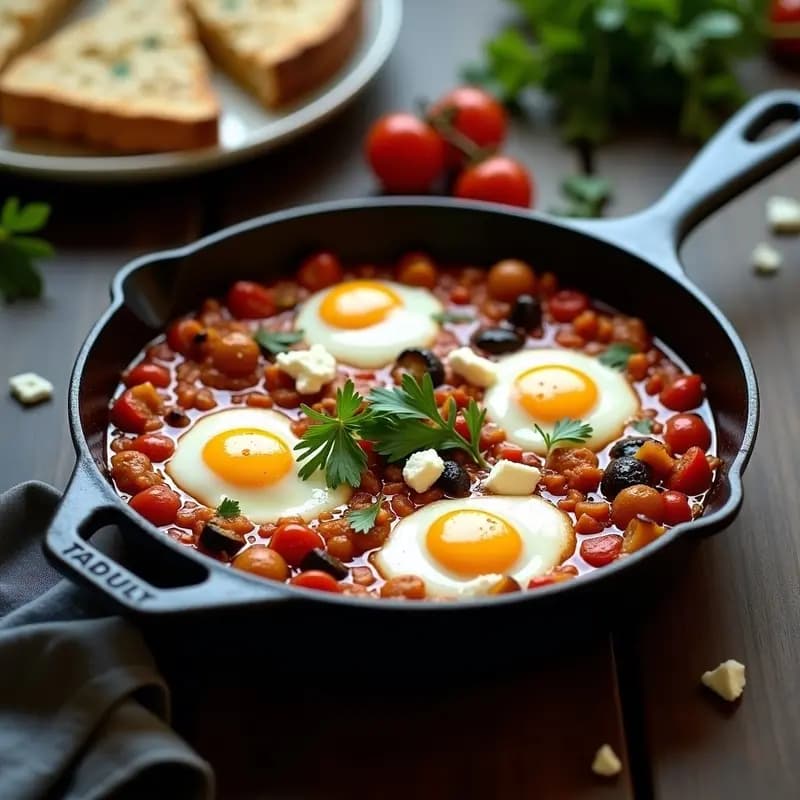 Sartén de hierro con shakshuka de berenjenas ahumadas y queso feta desmenuzado, huevos con yema líquida sobre salsa de tomate espesa, decorada con perejil fresco y pimienta negra, fondo rústico.