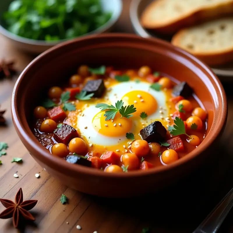 Cazuela de barro con shakshuka vegana de berenjenas y garbanzos, tofu cremoso en el centro, espolvoreada con cilantro fresco y perejil, sobre un fondo rústico de madera con especias y pan integral.