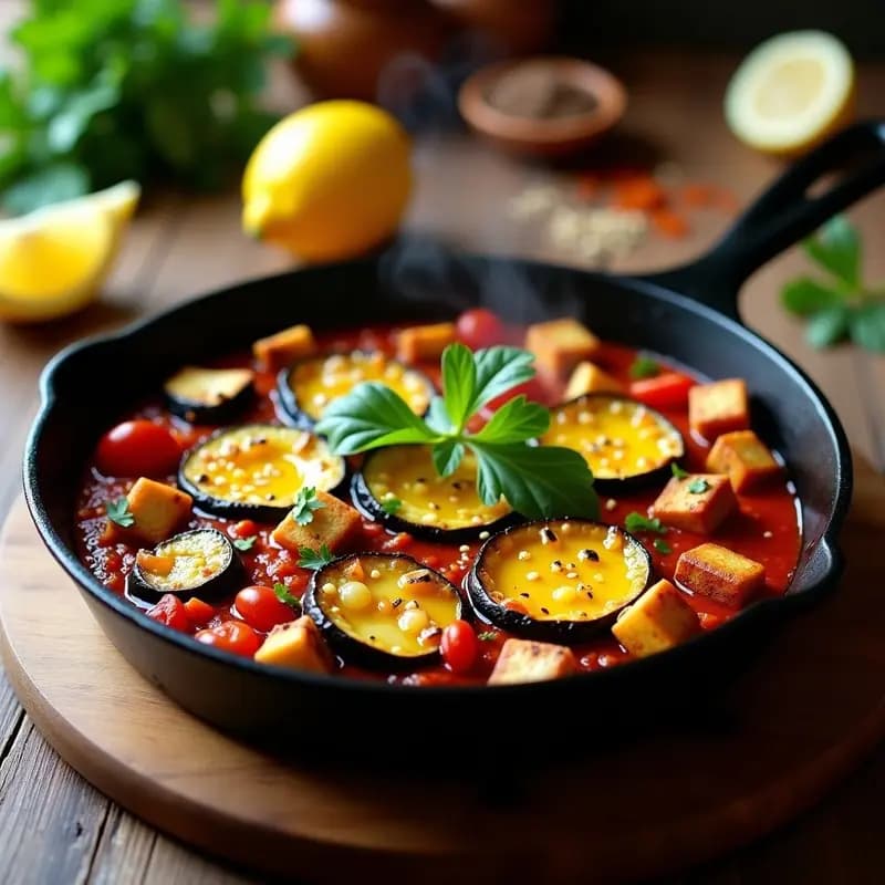 Sartén de hierro fundido con shakshuka vegana de calabacín y berenjena, tofu desmenuzado bañado en salsa de tomate especiada, decorada con perejil fresco y semillas de sésamo tostadas. Plato colorido y humeante sobre fondo rústico de madera.