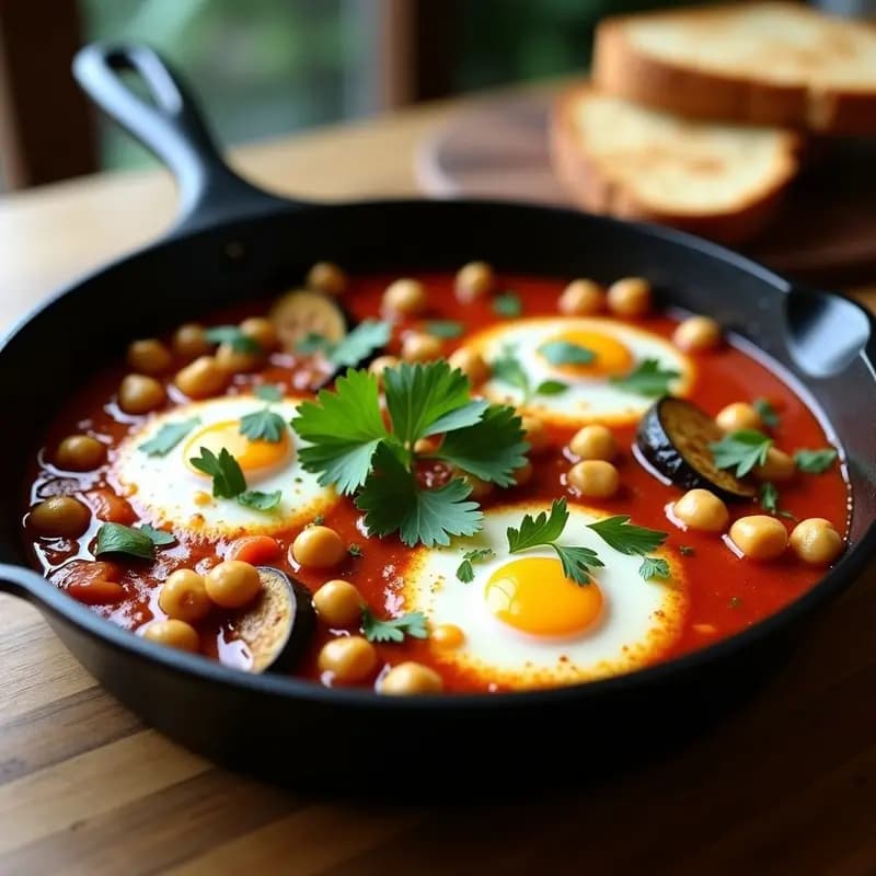 Sartén de hierro fundido con shakshuka vegana de calabacín y berenjena, bañada en salsa de tomate especiada con comino. Trozos de tofu desmenuzado, garbanzos y hierbas frescas. Desayuno tunecino colorido y apetecible.