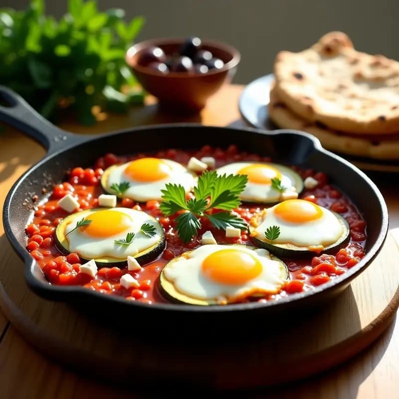 Sartén de hierro fundido con shakshuka de calabacín y feta, huevos pochados con yemas líquidas, queso feta desmenuzado y perejil fresco, acompañada de pan de pita integral tostado. Desayuno israelí alto en proteína.
