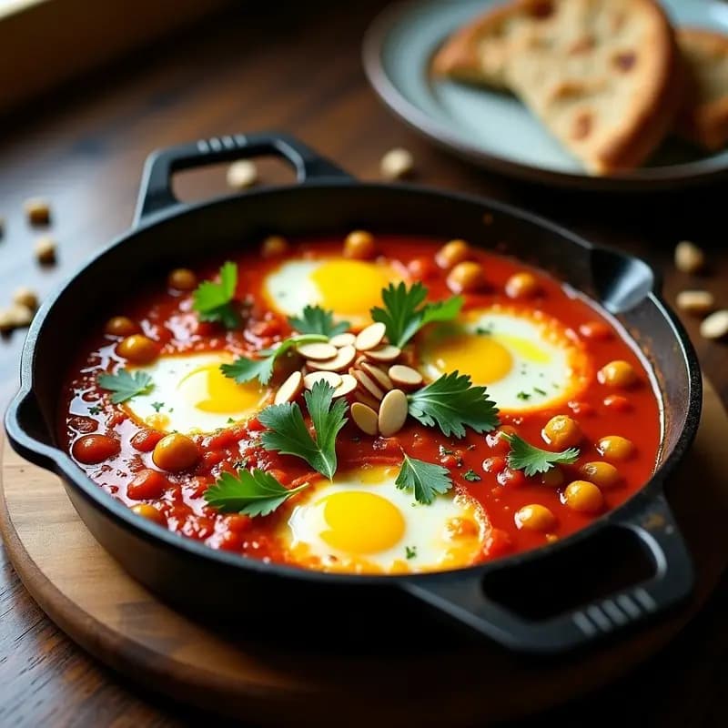 Sartén de hierro fundido con shakshuka vegana de calabacín y pimiento amarillo, tofu cremoso cubierto de salsa de tomate especiada, almendras fileteadas y cilantro fresco, sobre fondo rústico de madera.