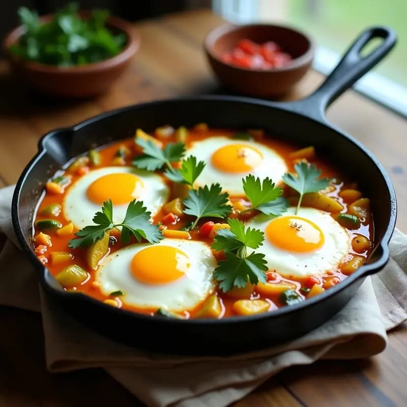Sartén de hierro fundido con shakshuka de calabacín y pimientos amarillos, huevos pochados con yema líquida, espolvoreada con perejil fresco y cilantro, sobre fondo rústico de madera.