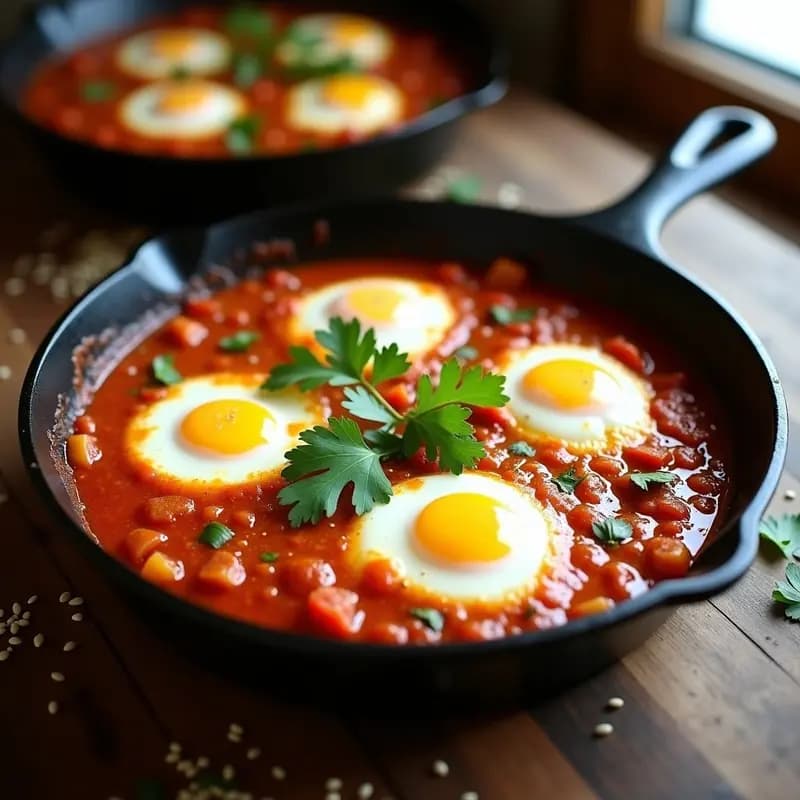 Sartén de hierro fundido con Shakshuka de Calabacín y Pimientos con Huevo Poché, receta tunecina keto. Salsa espesa de calabacín y pimientos asados con especias, huevos pochados con yema líquida, espolvoreada con perejil fresco y semillas de sésamo tostadas.