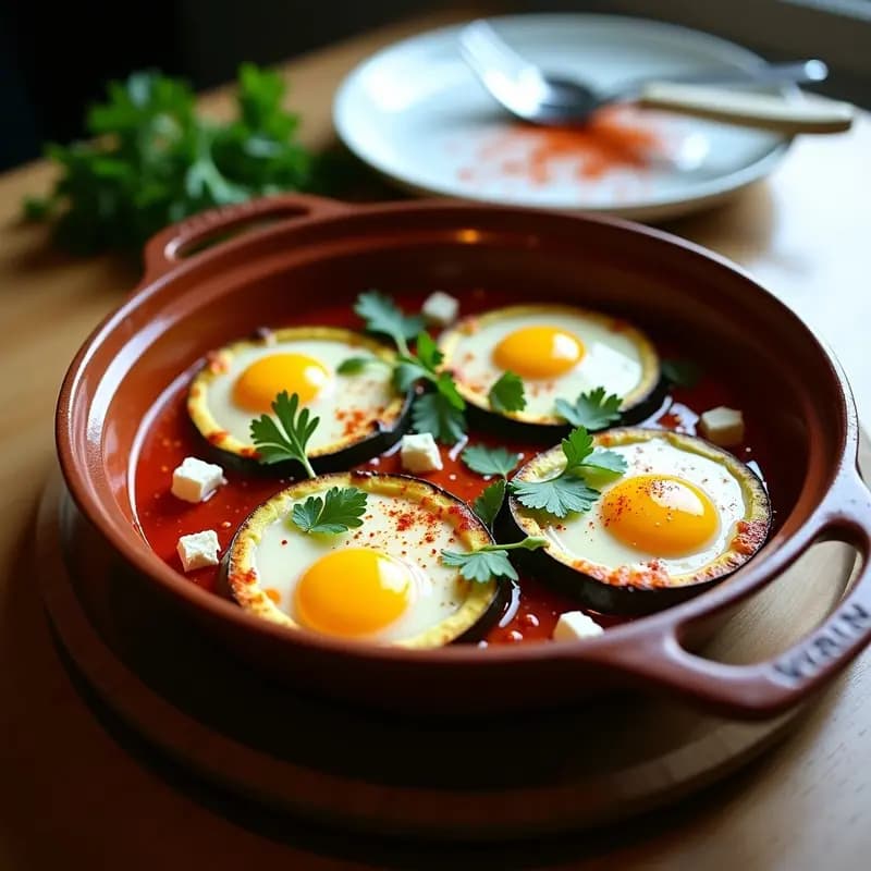 Plato de shakshuka de calabacín y queso de cabra en fuente de barro, con calabacines asados rellenos de salsa de tomate especiada, huevos pochados y queso de cabra desmenuzado, decorado con cilantro fresco y pimentón ahumado.