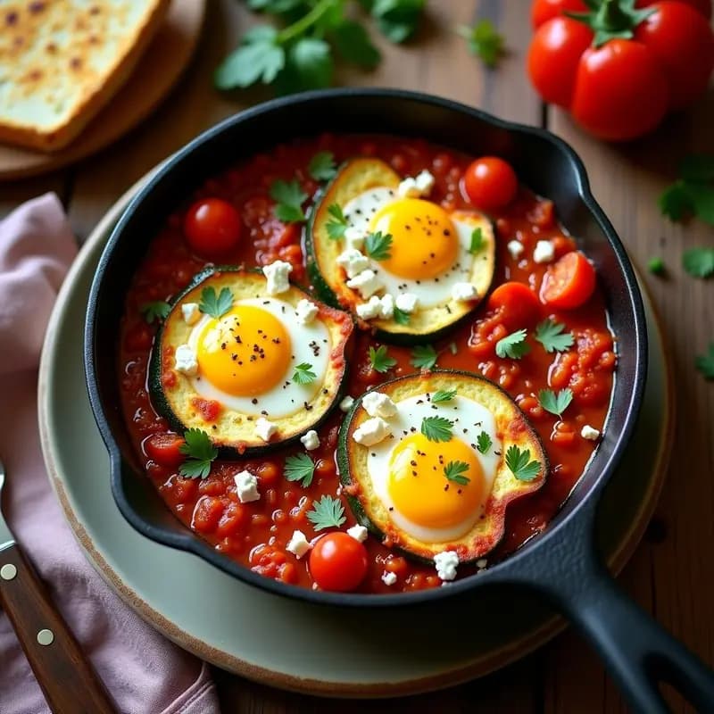 Shakshuka vegana en molde de silicona dentro de una airfryer, con salsa de tomate y calabacín ahumado, tofu sedoso amarillo simulando huevos pochados y queso feta vegano derretido. Decorada con perejil fresco y pimienta de Alepo, sobre fondo rústico de madera.