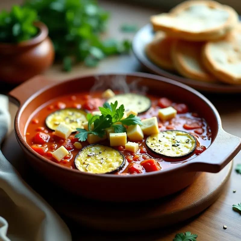 Sartén de hierro fundido con shakshuka magrebí vegana de calabacín asado, salsa de tomate especiada con comino y pimentón, queso feta vegano desmenuzado, almendras fileteadas y cilantro fresco. Plato colorido y aromático sobre fondo rústico de madera.