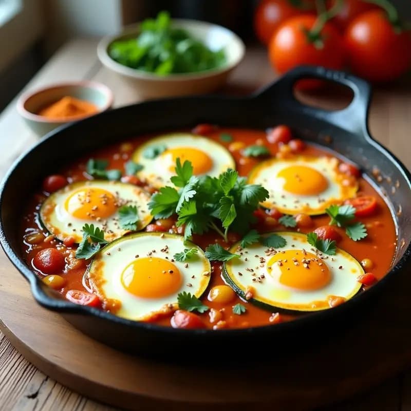 Sartén de hierro fundido con Shakshuka de Calabacín y Tomate Amarillo, huevos con yemas líquidas, espolvoreada con perejil fresco, cilantro y semillas de sésamo, sobre fondo de madera rústica.