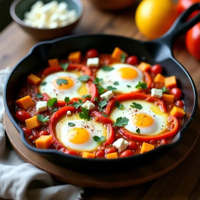 Sartén de hierro fundido con shakshuka de calabaza butternut y feta: base espesa de tomate y calabaza dorada, huevos escalfados con yemas líquidas, queso feta desmenuzado y perejil fresco. Plato ideal para desayuno israelí alto en proteína.