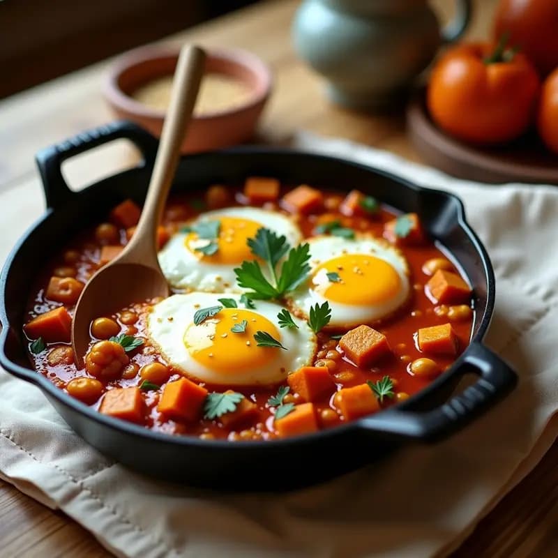 Sartén de hierro fundido con shakshuka vegana tunisiana: salsa espesa de tomate, pimiento y especias con trozos dorados de calabaza asada, garbanzos y huevo de tofu cuajado en el centro. Decorada con perejil fresco y semillas de sésamo, servida sobre un mantel rústico de lino.