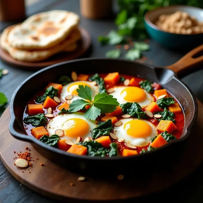 Sartén de hierro fundido con Shakshuka vegana de calabaza asada, espinacas y huevos de lino dorados, decorada con perejil fresco y semillas de sésamo, sobre fondo rústico de madera.