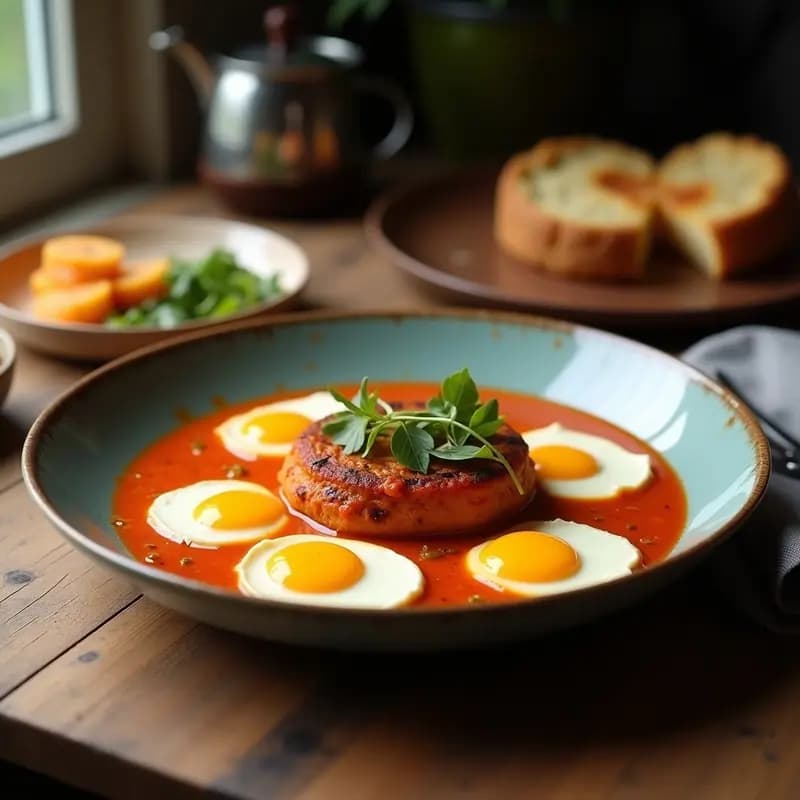 Plato hondo de barro con shakshuka vegana de calabaza asada en cubos y salsa de tomate especiada, coronada con rodajas doradas de queso halloumi y semillas de sésamo. Fondos de especias y hierbas frescas alrededor.