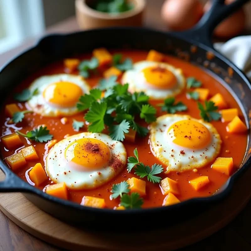 Sartén de hierro fundido con shakshuka de calabaza asada en cubos dorados, huevos de pato pochados con yemas líquidas, espinacas verdes y especias. Desayuno tunecino keto alto en hierro, decorado con cilantro fresco y perejil.