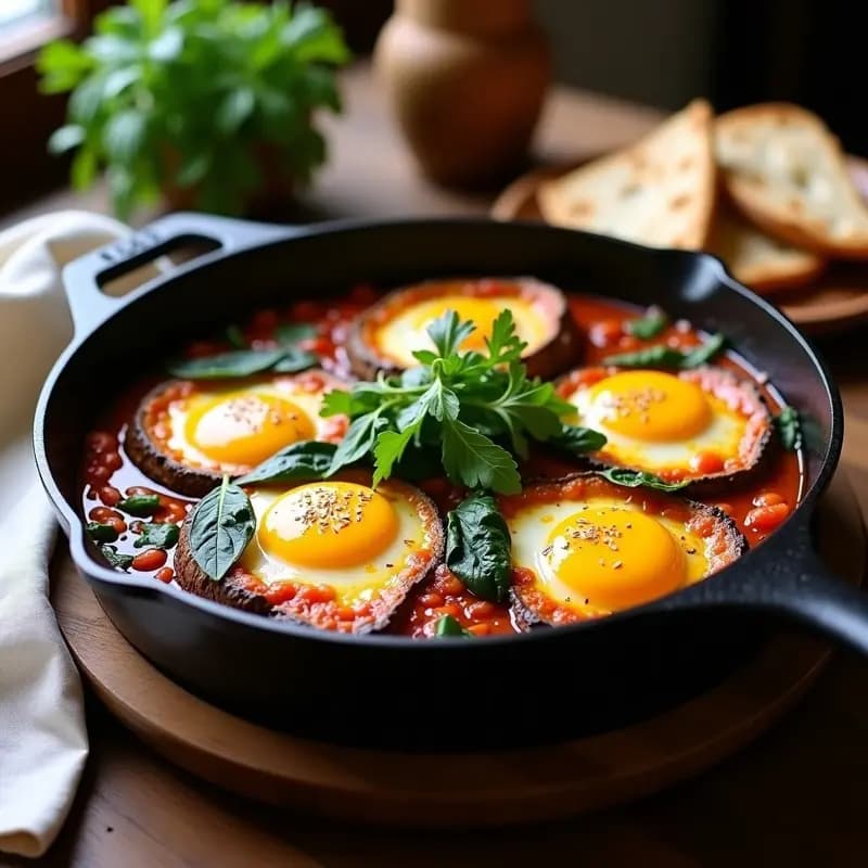 Sartén de hierro fundido con shakshuka vegana de champiñones portobello asados, espinacas frescas y huevos de tofu dorados, bañados en salsa de tomate especiada con comino y pimentón ahumado. Espolvoreada con semillas de sésamo y perejil fresco, servida con pan de pita integral tostado al lado. Plato colorido y apetecible con tonos rojos, verdes y dorados.