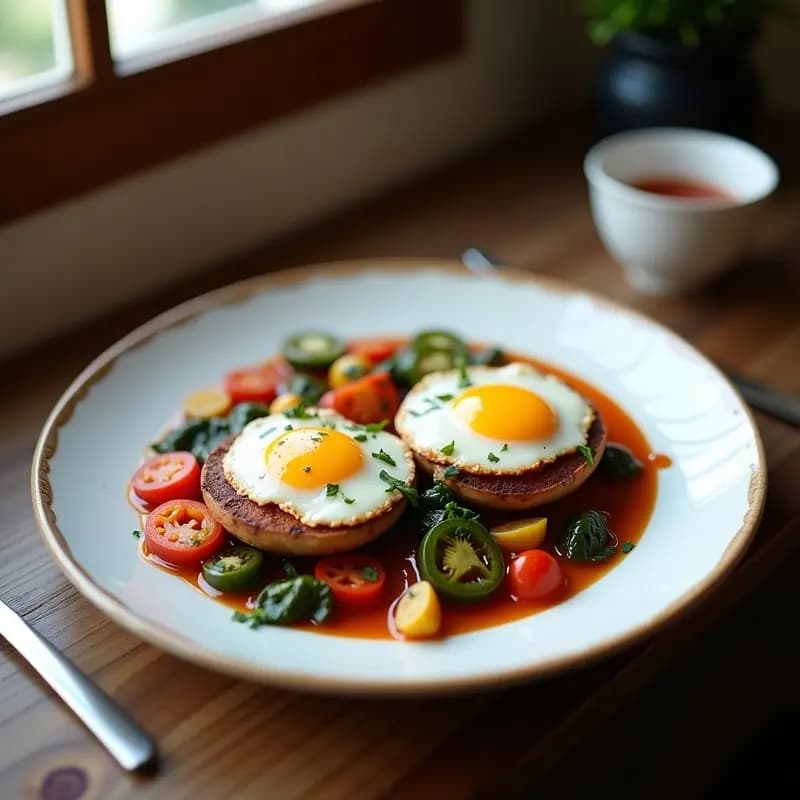 Sartén de hierro fundido con shakshuka vegana de champiñones portobello y pimientos rojos asados, cubiertos con huevos de lino cremosos, perejil fresco y un hilo de tahini. Plato colorido y apetitoso con especias visibles.