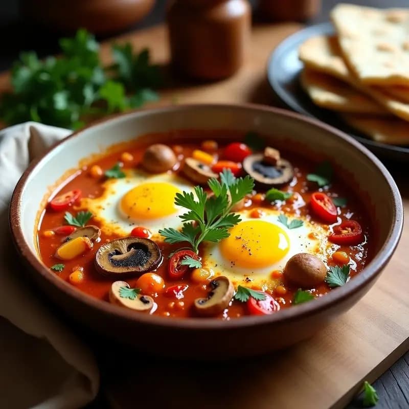Sartén de hierro fundido con shakshuka vegana de champiñones portobello y pimientos asados, bañados en salsa de tomate especiada con tofu sedoso cuajado. Decorado con perejil fresco y servido con pan integral tostado al lado.