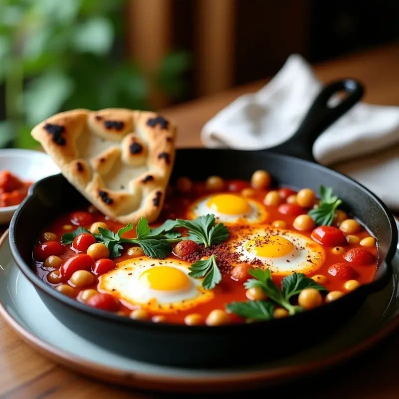 Sartén de hierro fundido con shakshuka vegana de chickpeas y espinacas, garbanzos enteros y crema de tofu sedoso, decorada con semillas de sésamo y perejil fresco. Acompañada de pan de pita integral tostado. Plato colorido y apetitoso con tonos rojos, verdes y dorados.