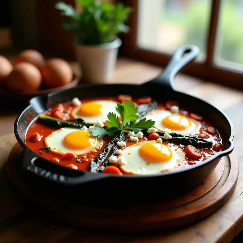 Sartén de hierro fundido con shakshuka tunecina de chorizo y espinacas, huevos pochados con yemas líquidas, espolvoreada con perejil fresco y especias, sobre fondo rústico de madera.