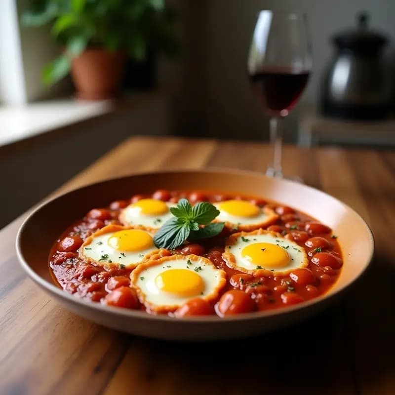 Sartén de hierro fundido con shakshuka de chorizo ibérico, huevos escalfados en salsa de tomate especiada, espolvoreada con perejil fresco y cilantro, desayuno fusión norteafricano español.