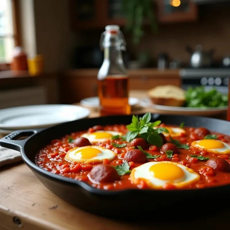 Sartén de hierro fundido con shakshuka de chorizo ibérico y espinacas, huevos pochados con yemas líquidas, salsa de tomate especiada y queso feta desmenuzado, decorada con cilantro fresco.