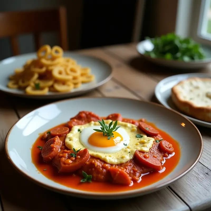 Sartén de hierro fundido con shakshuka tunecino-española: huevos pochados en salsa de tomate espesa con rodajas de chorizo ibérico dorado, queso de cabra desmenuzado y hierbas frescas como perejil y albahaca morada. Plato colorido y apetecible, ideal para desayuno o brunch.