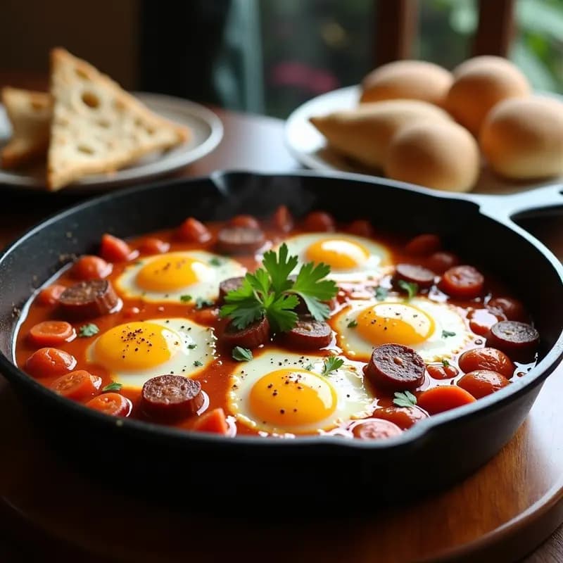 Sartén de hierro fundido con shakshuka tunecina: huevos con yemas líquidas sobre salsa de tomate espesa, trozos de chorizo dorado y queso feta desmenuzado. Decorada con perejil fresco y pimentón. Plato ideal para desayuno alta en proteína.