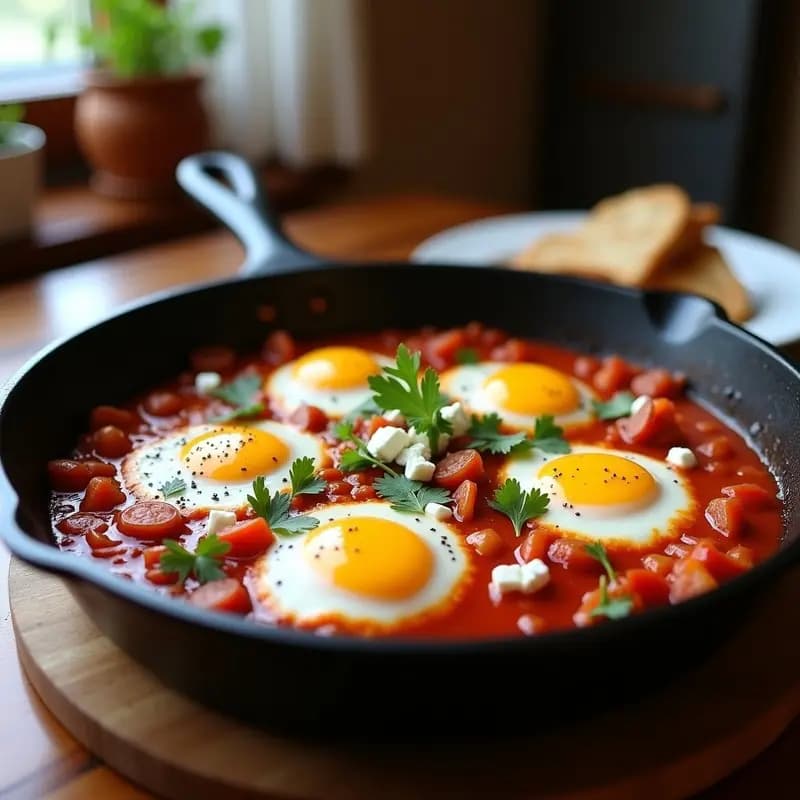 Sartén de hierro con shakshuka de tomate especiado, chorizo dorado, huevos pochados con yemas líquidas y queso feta desmenuzado, decorada con perejil fresco. Plato colorido y apetecible con toques rojos, blancos y amarillos.